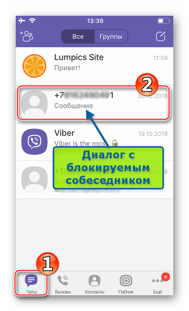 Viber для iPhone блокировка идентификатора другого участника сервиса с экрана чата